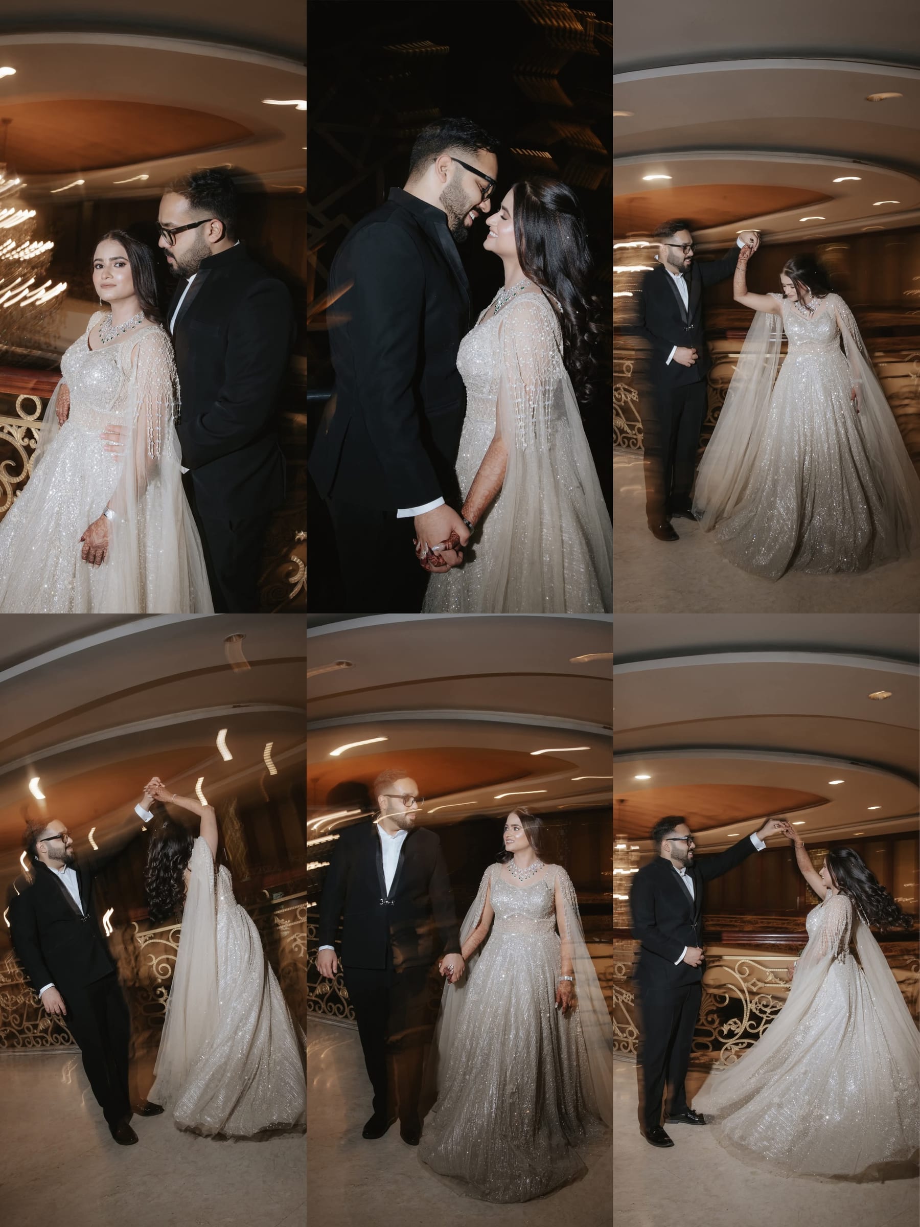 Six frames of the couple dancing and twirling beside a chandelier