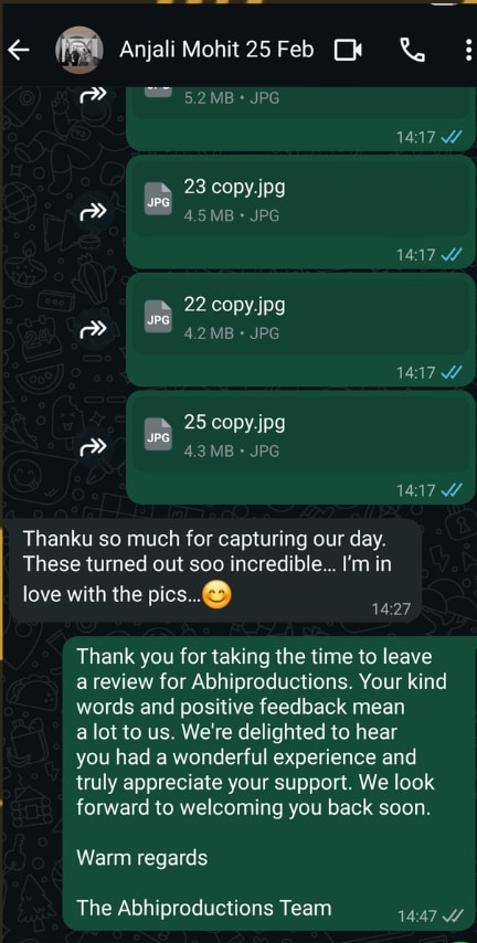 A WhatsApp message from Anjali and Mohit saying they are in love with the pictures