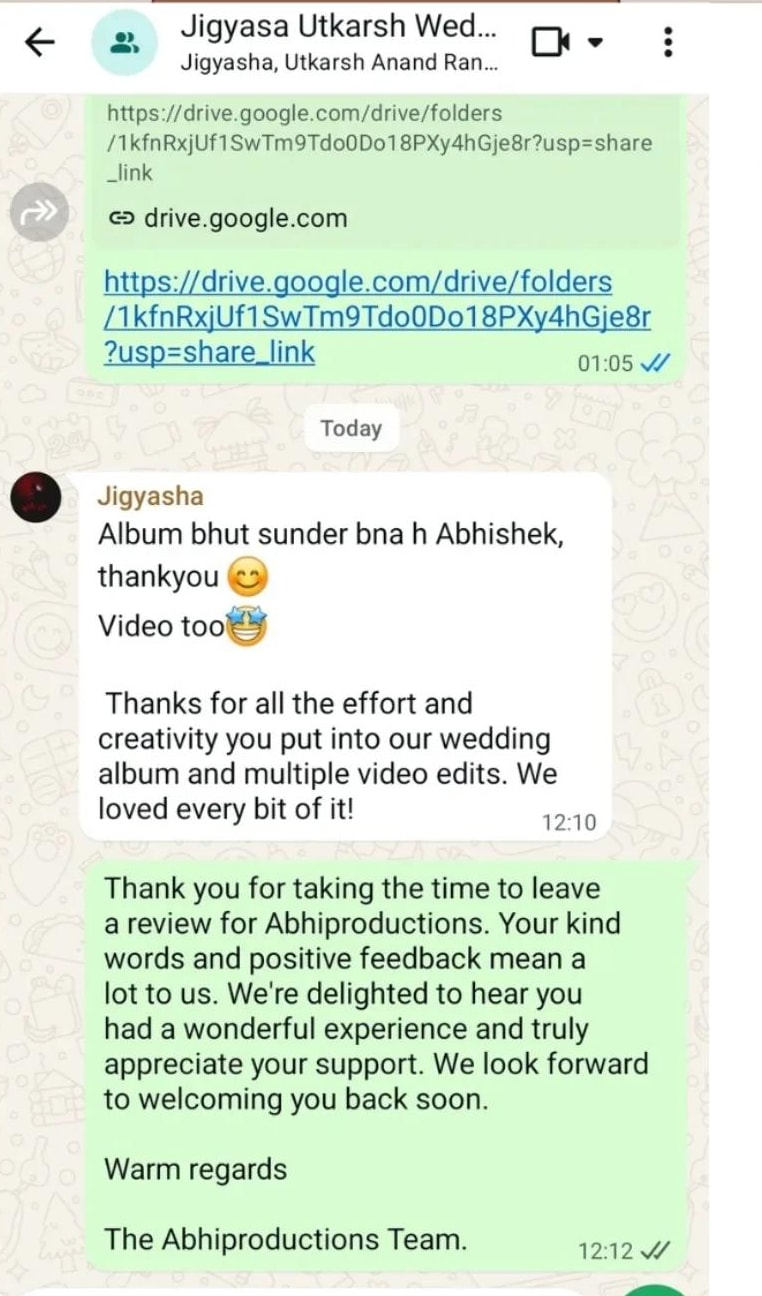 A WhatsApp message from Jigyasha thanking the studio for the wedding album and video edits