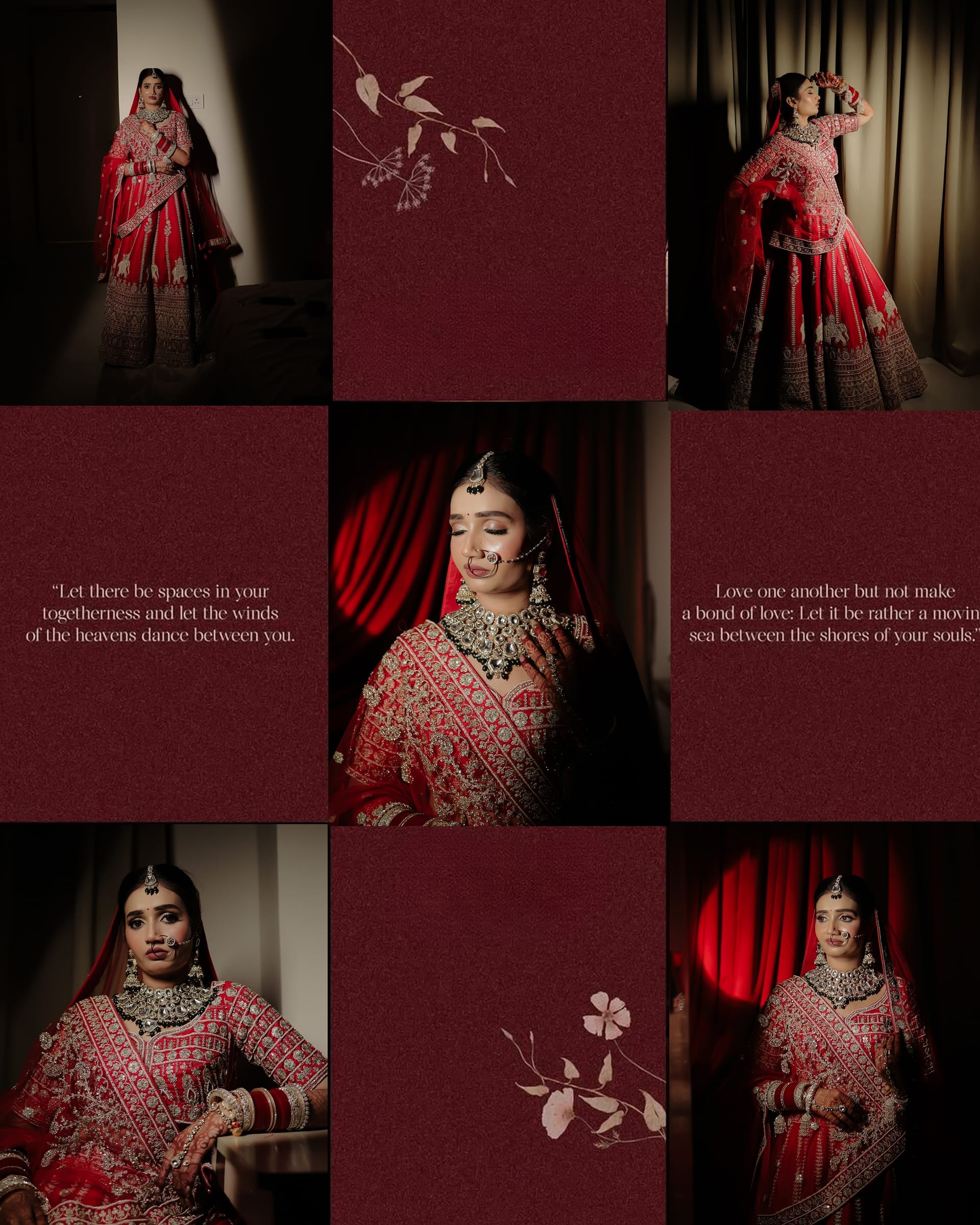 Album spread — the red lehenga session with quote panels
