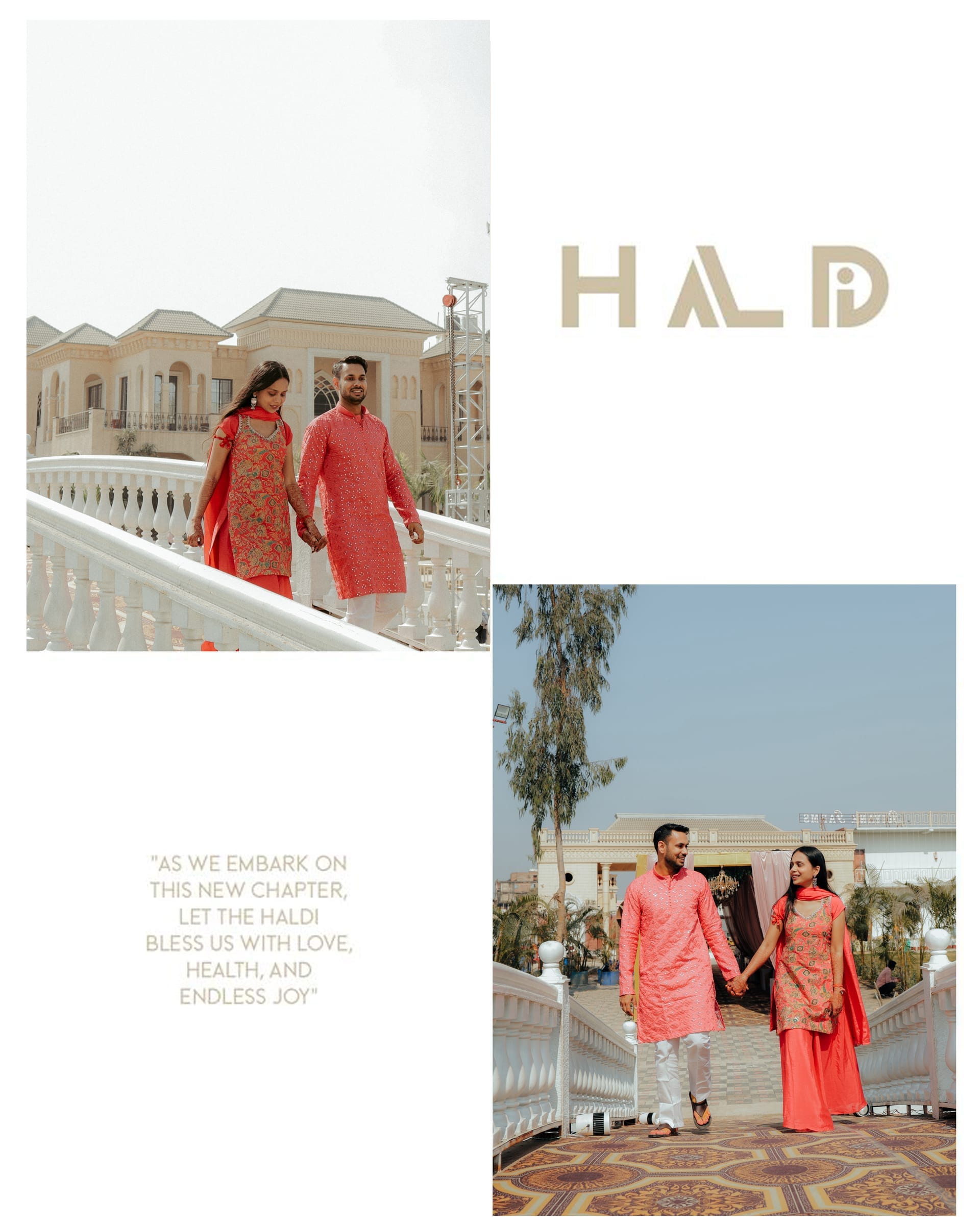 Album spread — the haldi couple on the white bridge
